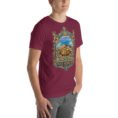 Maroon West Azerbaijan unisex t-shirt, front view with Lake Urmia and the ancient Hasanlu mound design