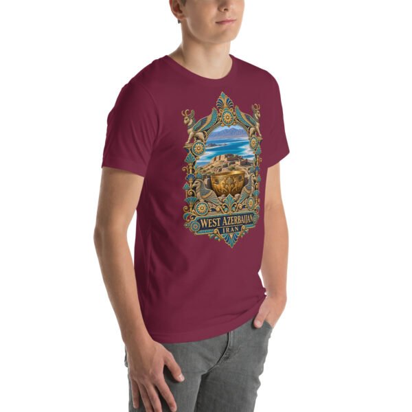 Maroon West Azerbaijan unisex t-shirt, front view with Lake Urmia and the ancient Hasanlu mound design