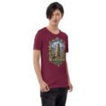 Maroon Ardabil unisex t-shirt, front view with ancient Shahr-e Yeri stone figures and Mount Sabalan design