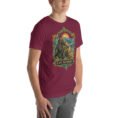 Maroon East Azerbaijan unisex t-shirt, front view with Babak Castle and the Arasbaran valleys design