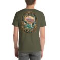 Military Green Zanjan unisex t-shirt, back view with Katale Khor cave and the colorful mountains of Mahneshan design