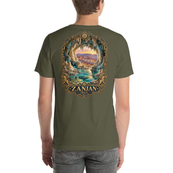 Military Green Zanjan unisex t-shirt, back view with Katale Khor cave and the colorful mountains of Mahneshan design
