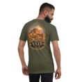 Military Green Yazd unisex t-shirt, back view with Dowlatabad Garden windcatcher and Persian garden design