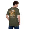 Military Green Tehran unisex t-shirt, back view with Azadi Tower and Mount Damavand design
