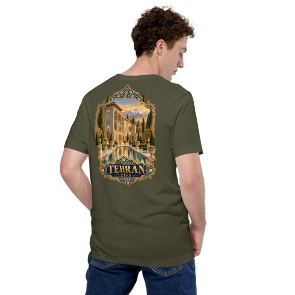 Military Green Tehran unisex t-shirt, back view with Azadi Tower and Mount Damavand design