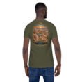 Military Green Sistan and Baluchestan unisex t-shirt, back view with Makran coast and the miniature mountains of Chabahar design
