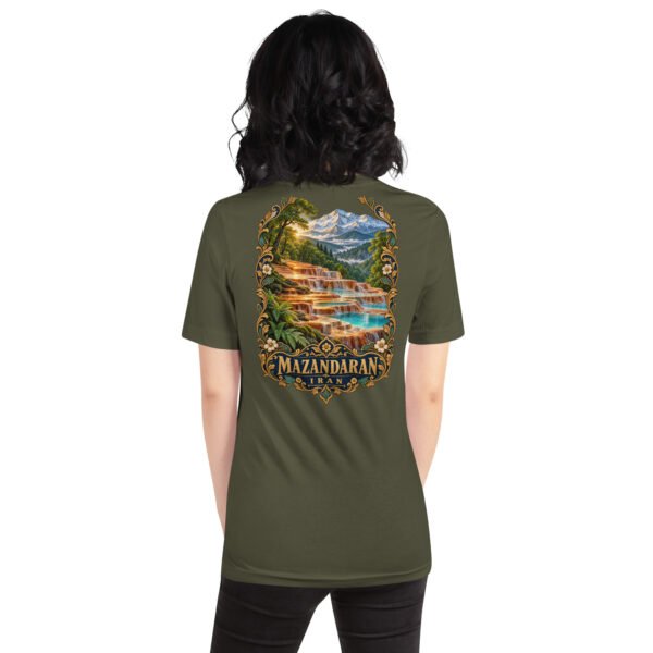 Military Green Mazandaran unisex t-shirt, back view with Veresk Bridge and the slopes of the Alborz design