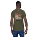 Military Green Markazi unisex t-shirt, back view with mountains of Haftad Gholleh in central Iran design
