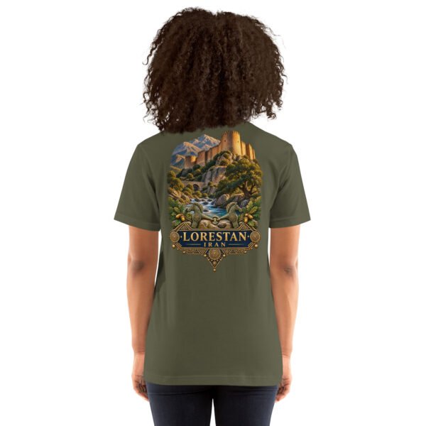Military Green Lorestan unisex t-shirt, back view with Falak-ol-Aflak Castle in Khorramabad design