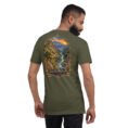Military Green Kurdistan unisex t-shirt, back view with Hawraman stepped village and the Sirwan River design