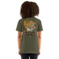 Military Green Khuzestan unisex t-shirt, back view with Shushtar Historical Hydraulic System and its waterfalls design