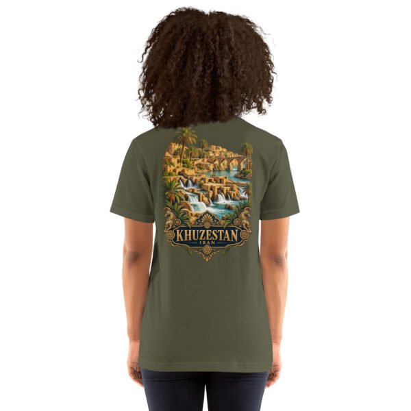 Military Green Khuzestan unisex t-shirt, back view with Shushtar Historical Hydraulic System and its waterfalls design