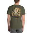 Military Green Khorasan Razavi unisex t-shirt, back view with Kalat-e Naderi and the Hezar Masjed mountains design