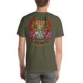 Military Green South Khorasan unisex t-shirt, back view with Lut Desert with barberry and saffron fields design