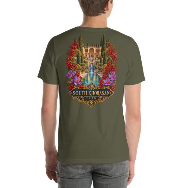 Military Green South Khorasan unisex t-shirt, back view with Lut Desert with barberry and saffron fields design