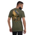 Military Green Kermanshah unisex t-shirt, back view with Behistun Inscription of Darius the Great design