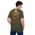 Military Green Kerman unisex t-shirt, back view with Kaluts of Shahdad and the Shazdeh Garden of Mahan design