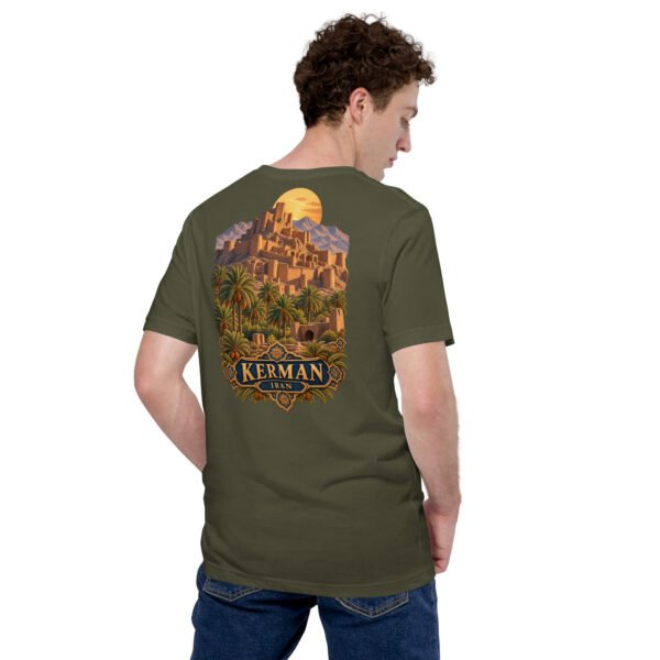 unisex-staple-t-shirt-military-green-back-6acbd5352c48b.jpg Military Green Kerman unisex t-shirt, back view with Kaluts of Shahdad and the Shazdeh Garden of Mahan design