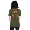 Military Green Isfahan unisex t-shirt, back view with Naqsh-e Jahan Square and Ali Qapu Palace design