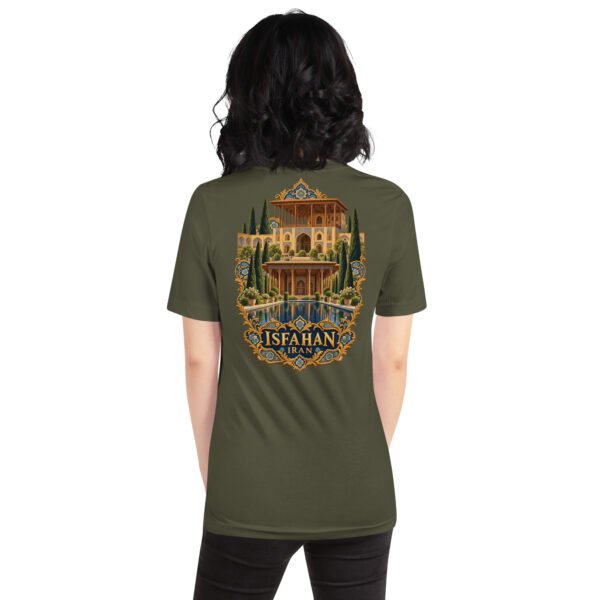 Military Green Isfahan unisex t-shirt, back view with Naqsh-e Jahan Square and Ali Qapu Palace design
