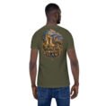 Military Green Ilam unisex t-shirt, back view with Zagros mountains and ancient Elamite rock reliefs design