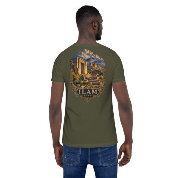 Military Green Ilam unisex t-shirt, back view with Zagros mountains and ancient Elamite rock reliefs design