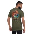 Military Green Hormozgan unisex t-shirt, back view with Laft windcatchers, colorful Hormuz soil and the Persian Gulf design