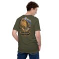Military Green Hamedan unisex t-shirt, back view with Ganjnameh inscriptions and Mount Alvand design