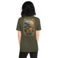 Military Green Golestan unisex t-shirt, back view with Great Wall of Gorgan, Hyrcanian forest and northern plains design