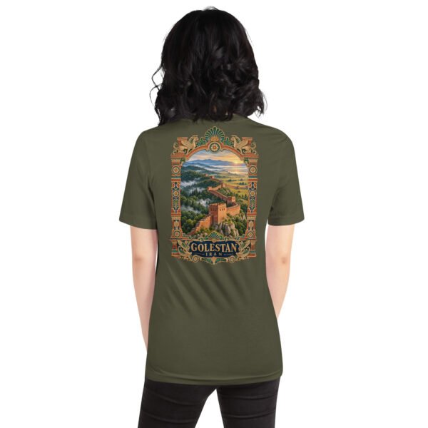 Military Green Golestan unisex t-shirt, back view with Great Wall of Gorgan, Hyrcanian forest and northern plains design
