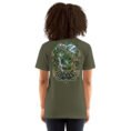 Military Green Gilan unisex t-shirt, back view with Rudkhan Castle, misty forest and waterfalls design