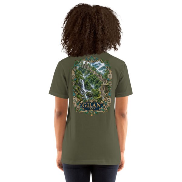 Military Green Gilan unisex t-shirt, back view with Rudkhan Castle, misty forest and waterfalls design