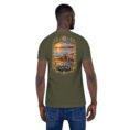 Military Green Qom unisex t-shirt, back view with Deir-e Gachin caravanserai, desert and salt lake design