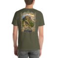 Military Green Qazvin unisex t-shirt, back view with Alamut Castle, Alborz cliffs and ancient rock motifs design