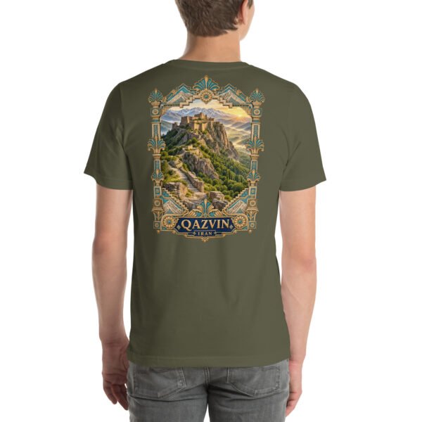 Military Green Qazvin unisex t-shirt, back view with Alamut Castle, Alborz cliffs and ancient rock motifs design