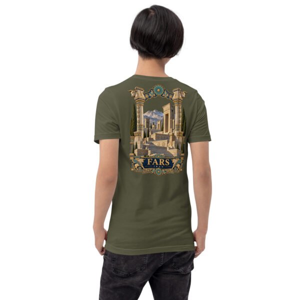 Military Green Fars unisex t-shirt, back view with Achaemenid column capital and Persepolis design