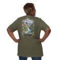 Military Green Chaharmahal and Bakhtiari unisex t-shirt, back view with Koohrang waterfall, Zagros cliffs and Bakhtiari kilim patterns design