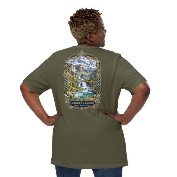 Military Green Chaharmahal and Bakhtiari unisex t-shirt, back view with Koohrang waterfall, Zagros cliffs and Bakhtiari kilim patterns design