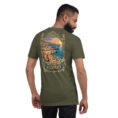 Military Green Bushehr unisex t-shirt, back view with Persian Gulf coast and traditional seafaring design