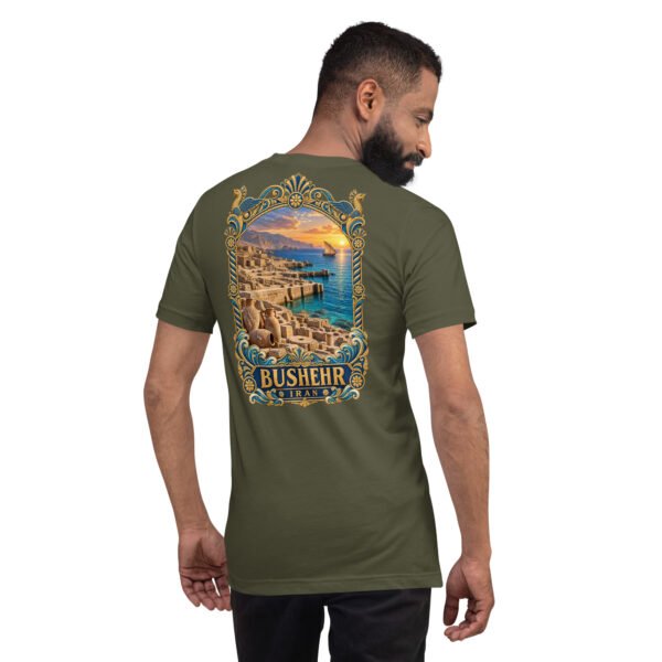 unisex-staple-t-shirt-military-green-back-6acbdde475697.jpg Military Green Bushehr unisex t-shirt, back view with Persian Gulf coast and traditional seafaring design