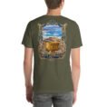 Military Green West Azerbaijan unisex t-shirt, back view with Hasanlu, Lake Urmia and Iron Age motifs design