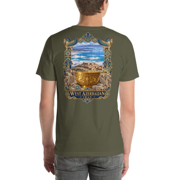 Military Green West Azerbaijan unisex t-shirt, back view with Hasanlu, Lake Urmia and Iron Age motifs design