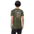 Military Green Ardabil unisex t-shirt, back view with Shahr-e Yeri stone figure in front of Mount Sabalan design