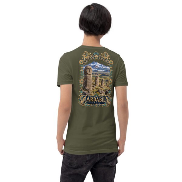 Military Green Ardabil unisex t-shirt, back view with Shahr-e Yeri stone figure in front of Mount Sabalan design