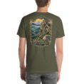 Military Green East Azerbaijan unisex t-shirt, back view with Babak Castle on its mountain peak at sunrise design
