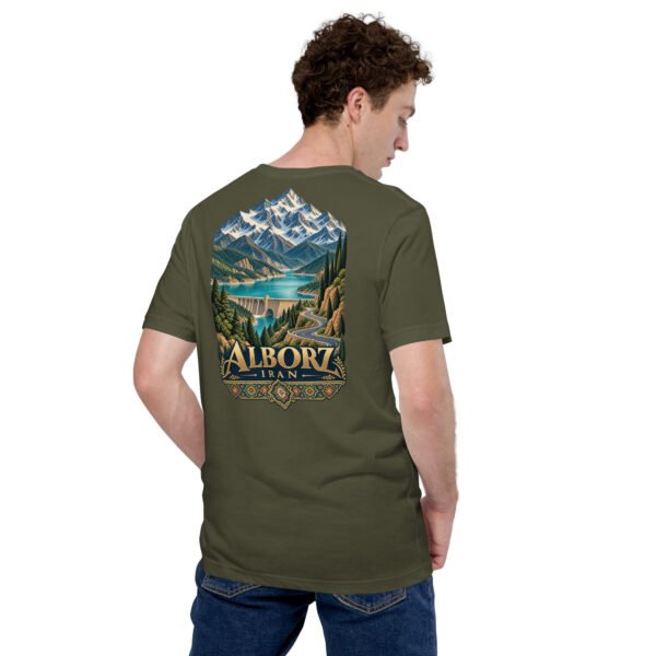Military Green Alborz unisex t-shirt, back view with Alborz Mountains, dam lake and winding road design