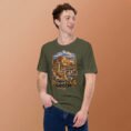 Military Green Hamedan unisex t-shirt, front view with Ganjnameh inscriptions and Mount Alvand design