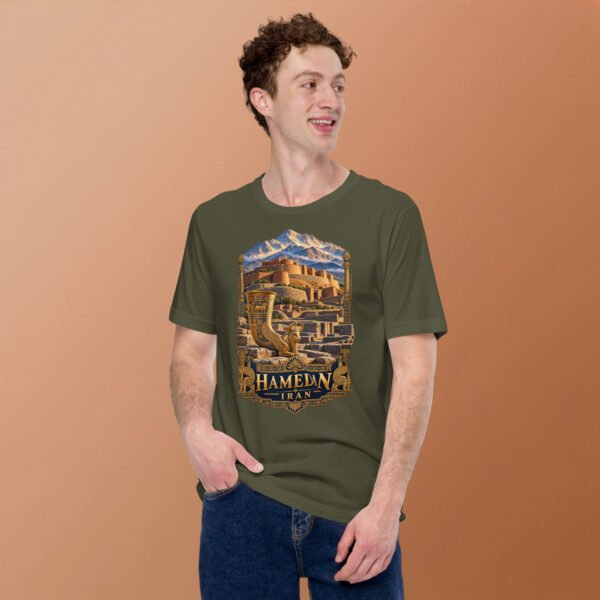 unisex-staple-t-shirt-military-green-front-2-6acbd9f3e42ad.jpg Military Green Hamedan unisex t-shirt, front view with Ganjnameh inscriptions and Mount Alvand design
