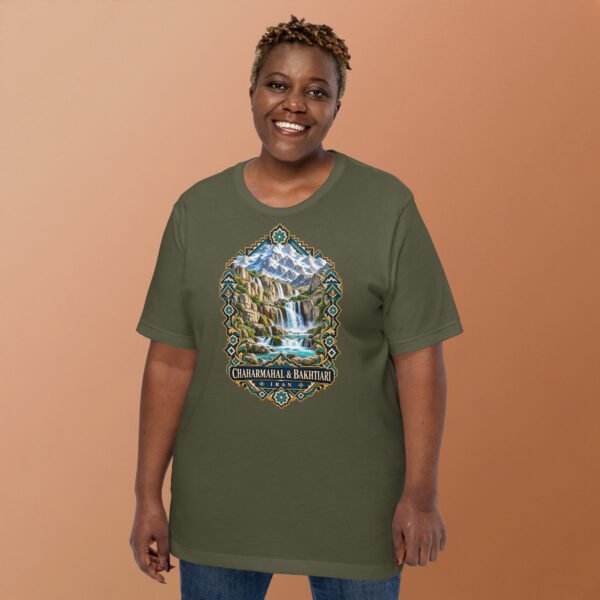 Military Green Chaharmahal and Bakhtiari unisex t-shirt, front view with Zard-Kuh and the Koohrang waterfall design
