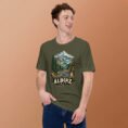 Military Green Alborz unisex t-shirt, front view with Chalus Road winding through the Alborz Mountains design